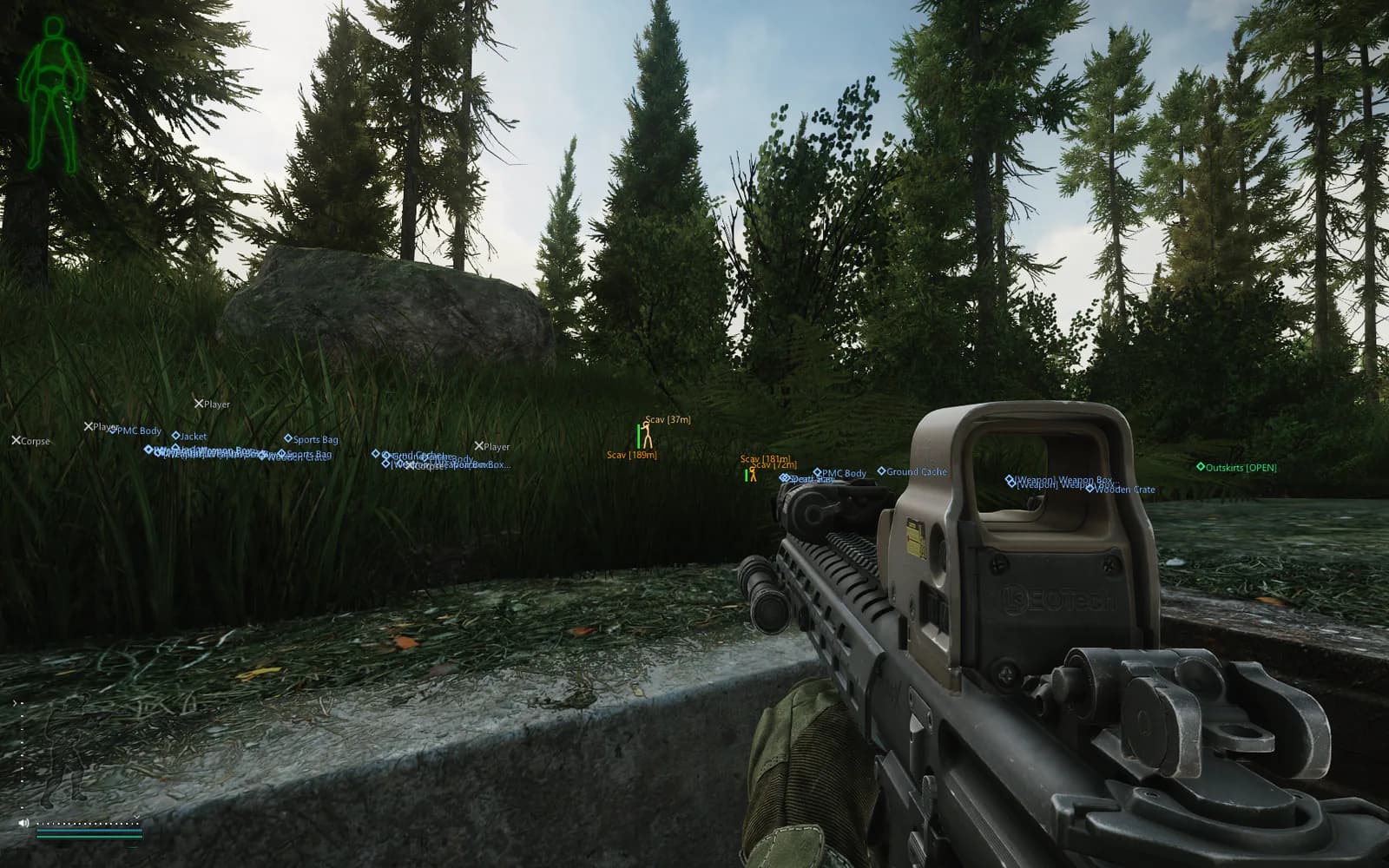 Escape From Tarkov DMA ESP aktif — oyuncu, item ve container overlay